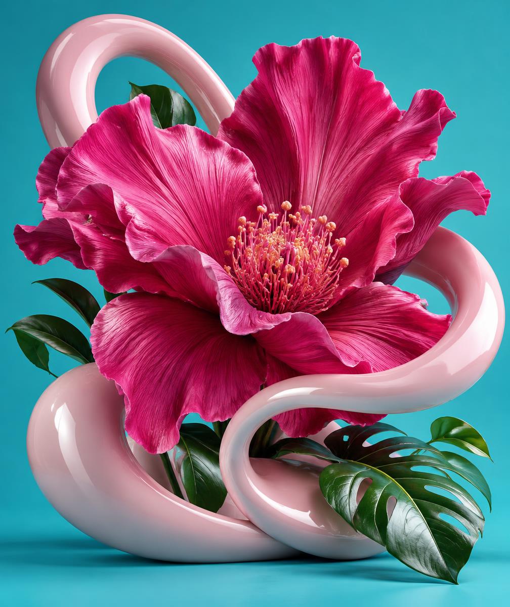 Surreal pink hibiscus and sculptural ribbon on a turquoise background