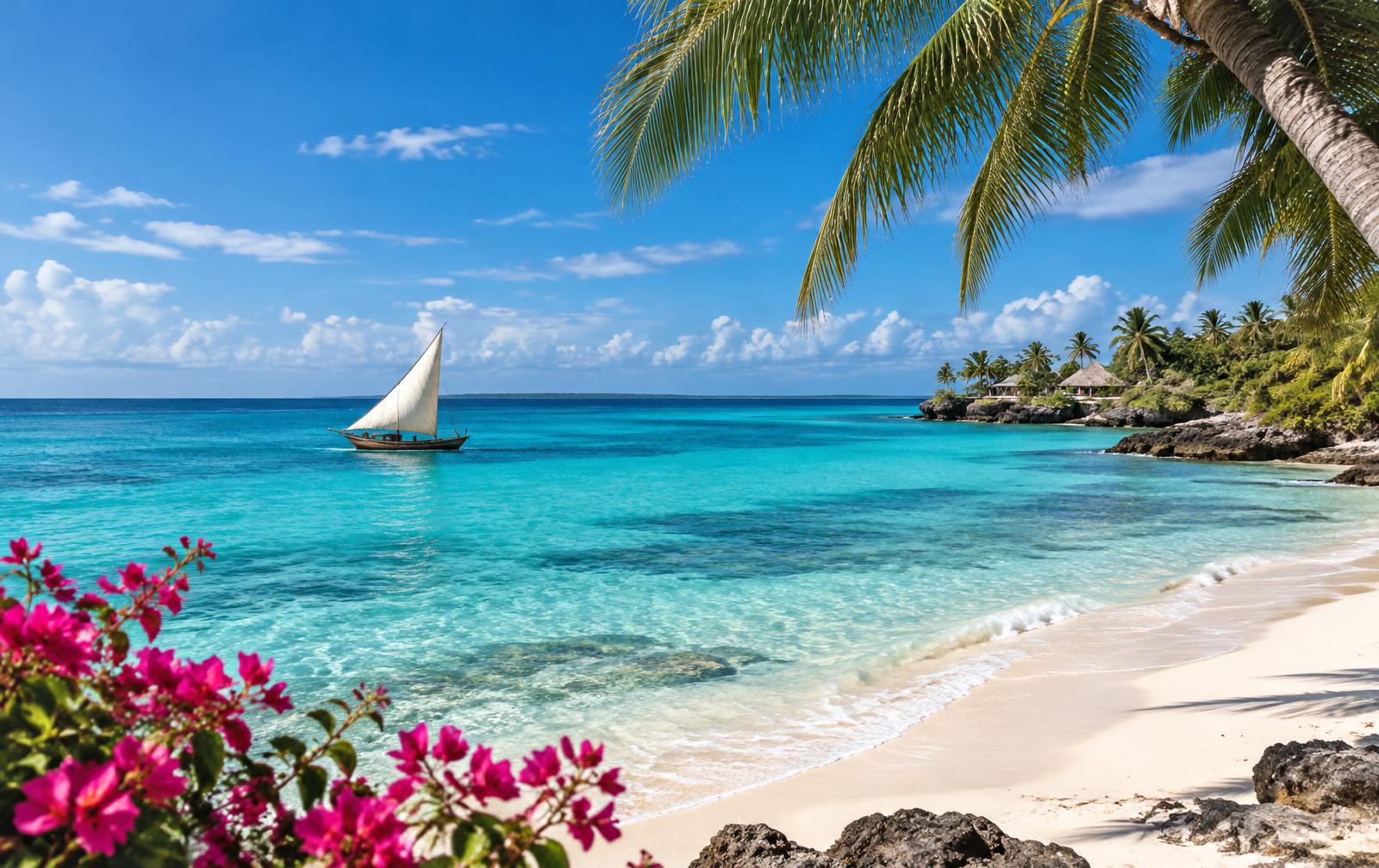 Turquoise Zanzibar coastline with a traditional dhow